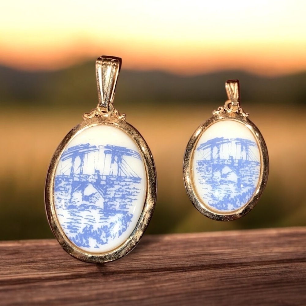 Vintage Fabrini Delft Blue and White Porcelain Pendants Set/2